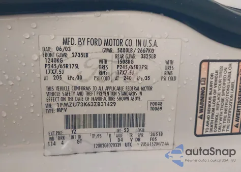 2003 Ford Explorer Nbx/Xlt z USA, uszkodzony, nr VIN 1FMZU73K63ZB31429